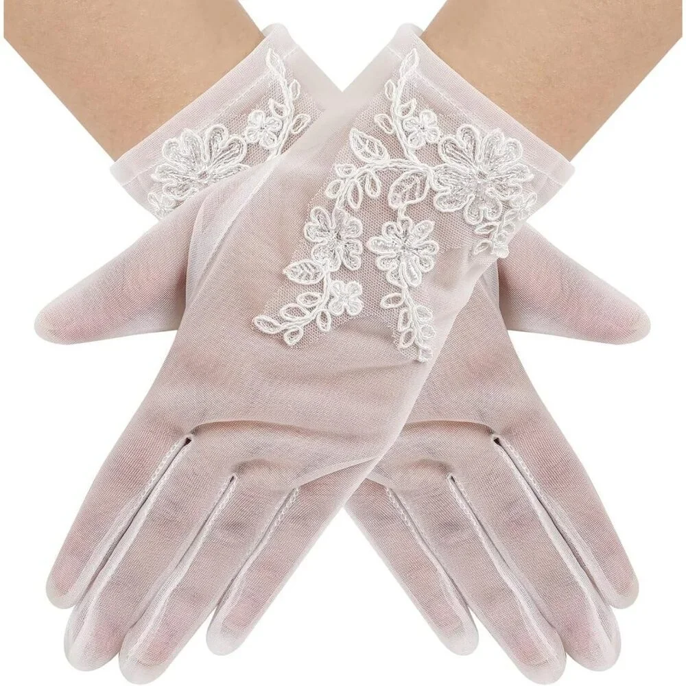 Women's Lvory 06 Floral Short Length Lace Tulle Mesh Wrist Wedding Party Gloves